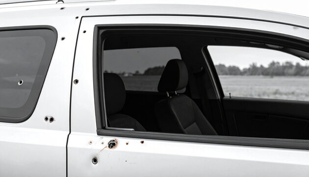 Car door with bullet impact holes and open window, crime scene concept