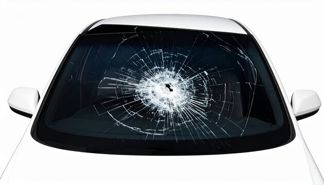 Front view car windshield with central impact crack isolated on white