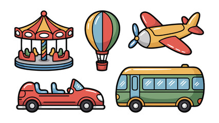 Colorful Carnival Rides: A whimsical set of five vibrant illustrations featuring a carousel, hot air balloon, airplane, convertible, and bus, perfect for travel, leisure, and childhood themes. © hafs121