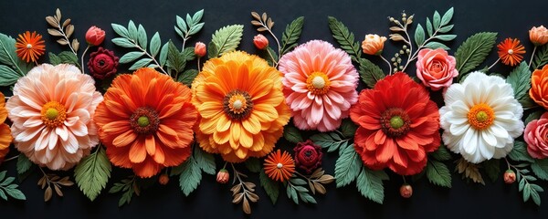 Collection of assorted paper flowers, leaves on dark background. Vibrant blooms display intricate petal details, rich colors. Floral arrangement offers artistic craft beauty, perfect for decorations.