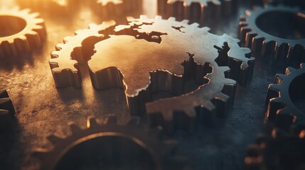 A close up of interlocking metallic gears forming a stylized world map with warm light casting shadows