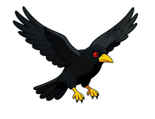 Flying black bird with yellow beak and claws