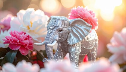 Sparkling jeweled elephant with flowers at sunset