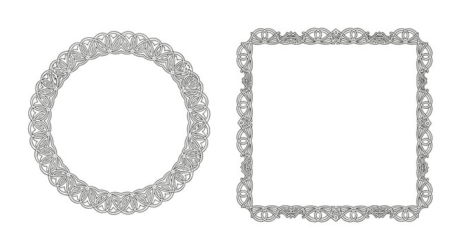 Two ornate decorative frames in celtic knotwork style with one circular and one square design isolated on a white background.