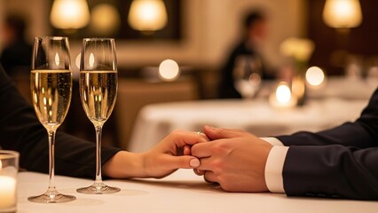 Couple holding hands at romantic dinner
