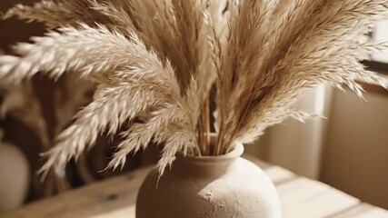 Close up shot of a textured neutral beige vase filled with dried pampas grass plumes bathed in soft natural light creating a bohemian and organic aesthetic on a rustic wooden table
