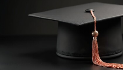 Black graduation cap with a gold tassel rests on a dark surface. This symbolizes academic achievement and the completion of studies. Education milestone, success, and commencement.