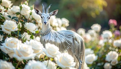 Glamorous antelope statue with jewels in rose garden