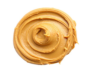 A close-up view of creamy peanut butter swirled in a spiral pattern against a black background