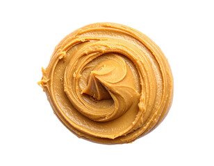 Close-up of smooth, swirling, beige-brown food product, isolated against a solid black backdrop