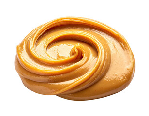 Close-up studio shot of a swirl of creamy, smooth, peanut butter, isolated on black