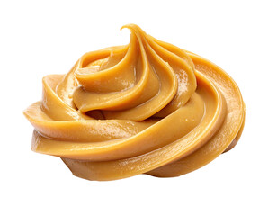A close-up shot of a swirl of creamy, rich, brown food against a transparent background