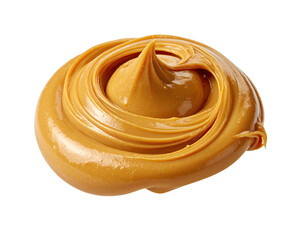 A close-up shot of a swirl of creamy, tan-colored spread on a black background