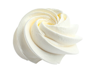 Close-up of a perfectly swirled, white, creamy dessert topping against a black background