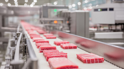 Modern meat processing facility with conveyor belt transporting meat cuts for packaging in a hygienic environment.