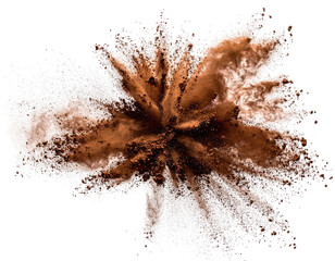 A high-speed capture of a brown and white powder explosion on a solid black background