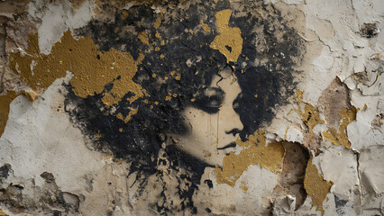 A rough, urban stencil graffiti of a Rococo lady with an oversized powdered wig, sprayed onto a peeling plaster wall with gold leaf splatters and drips.