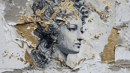 A rough, urban stencil graffiti of a Rococo lady with an oversized powdered wig, sprayed onto a peeling plaster wall with gold leaf splatters and drips.
