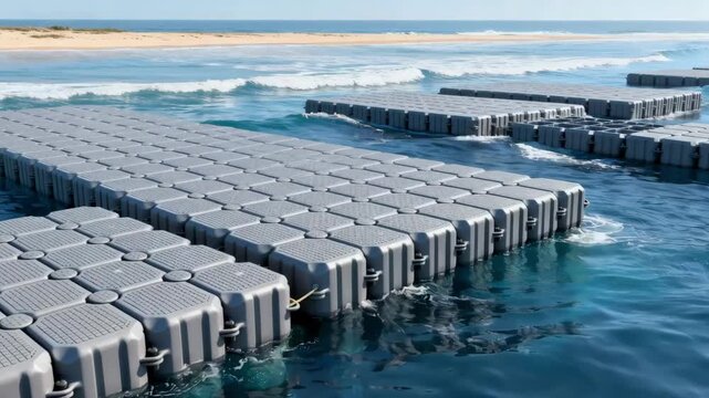 Medium shot capturing floating breakwater structures anchored offshore illustrating scalable marine barriers that protect coastlines from erosion.