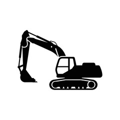 Black silhouette of an excavator on a white background, construction equipment icon