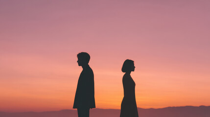 Silhouettes of a man and woman standing apart against a beautiful sunset sky, symbolizing distance and reflection.