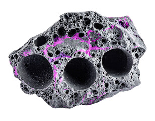 Stone-like fragment, porous surface, with three dark spherical elements and neon highlights