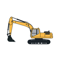 Yellow excavator with articulated arm and bucket, isolated on white background.