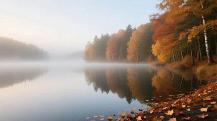 Misty autumn lake at dawn with vibrant orange trees reflected on still water