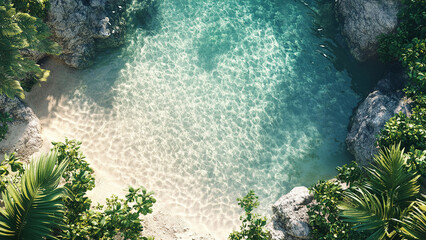 blue sea water waves on the beach sand with rocks and trees 