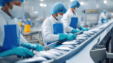 Workers efficiently processing fish in a modern food production facility, highlighting teamwork and hygiene standards.