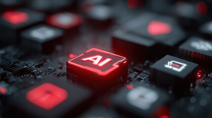 Exploring advancements in artificial intelligence technology on a circuit board with warning signals during a digital landscape setting