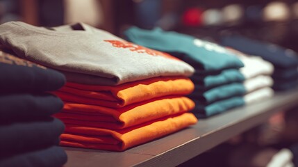 Trendy t-shirt stacks fashion store product display retail environment close-up view style concept.