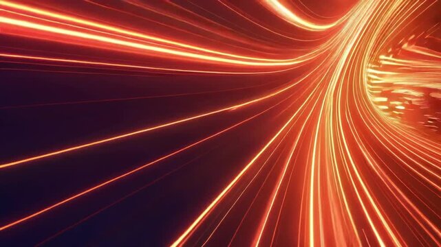 Abstract futuristic background featuring dynamic orange and red light trails in a digital tunnel, representing high-speed data transfer and technological advancement