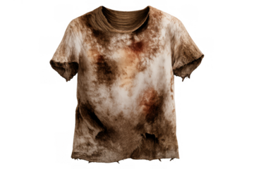 Dirty and torn t-shirt with grunge textures, stained fabric, worn apparel, isolated on transparent background for post-apocalyptic concepts