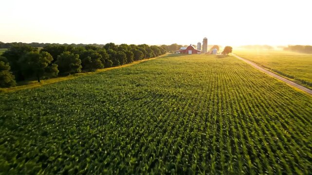 Aerial view of a cornfield at sunrise