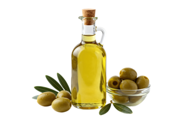 Glass bottle of olive oil with green olives and leaves