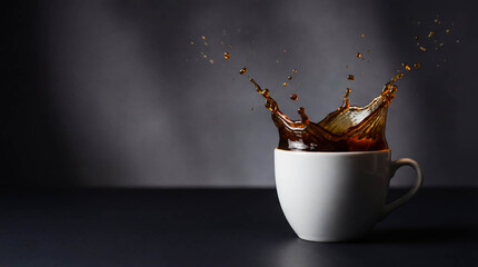 Coffee splash from ceramic cup morning espresso brown beverage dynamic motion advertisement background copy space liquid drink refreshment energy caffeine high speed photography drop swirl aroma