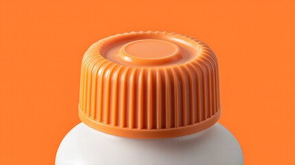 A close-up shot of a white bottle with a vibrant orange ribbed cap against a matching orange background.