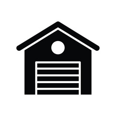 a simple black and white illustration depicts a garage with a closed door and a basic gable roof design