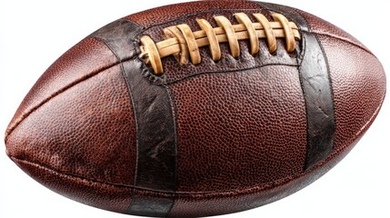 Football sits on a field ready for play during a game in the afternoon at a local sports complex with fans in the background