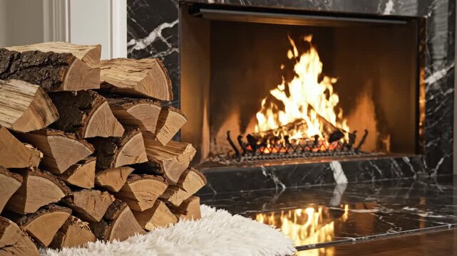 Stack of split wood logs in front of a burning fireplace. Flames flickering in a marble hearth with reflections on the floor. Cozy home heating concept