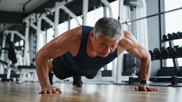 Senior man doing pushups in gym