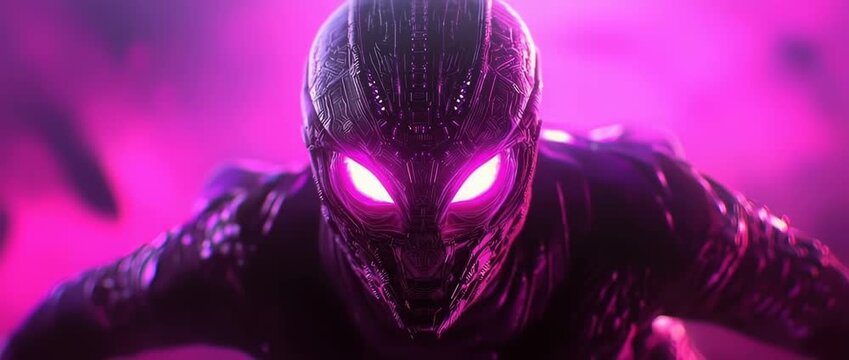 Futuristic Cyborg in Neon Pink Light Close up Portrait Sci Fi Character Glowing Eyes