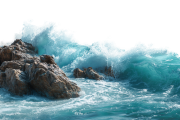 Rocky coastline with turbulent waves isolated on transparent background