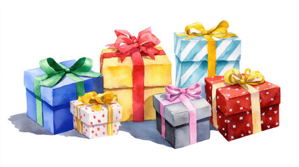 Obraz premium Festive watercolor gift boxes group illustration on white background with colorful ribbons, bows, and patterns for celebrations and holidays.