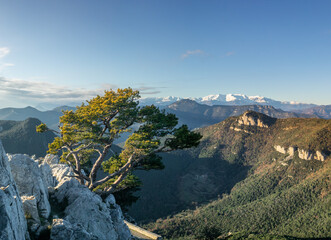  view ,sunset in the mountains on Mare de Deu del Mon in Girona, Catalonia, Spain
