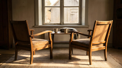 Cozy vintage armchairs bathed in warm sunlight, inviting a moment of quiet reflection by the window