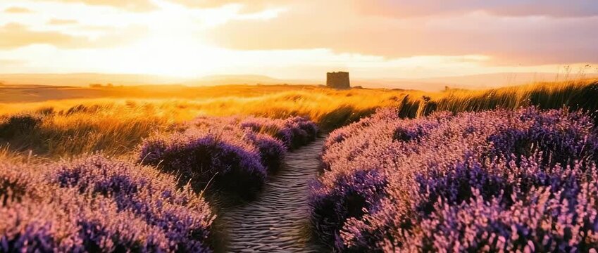 Serene Sunset Landscape Lavender Fields Stone Path Golden Grass