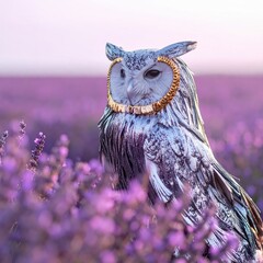 Elegant silver owl with gold accents in lavender field