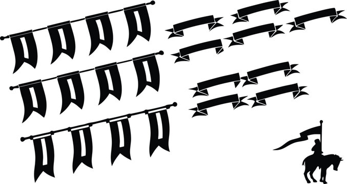 Collection of black silhouette banners, pennants, and ribbons with a knight on horseback, evoking a medieval or heraldic theme.